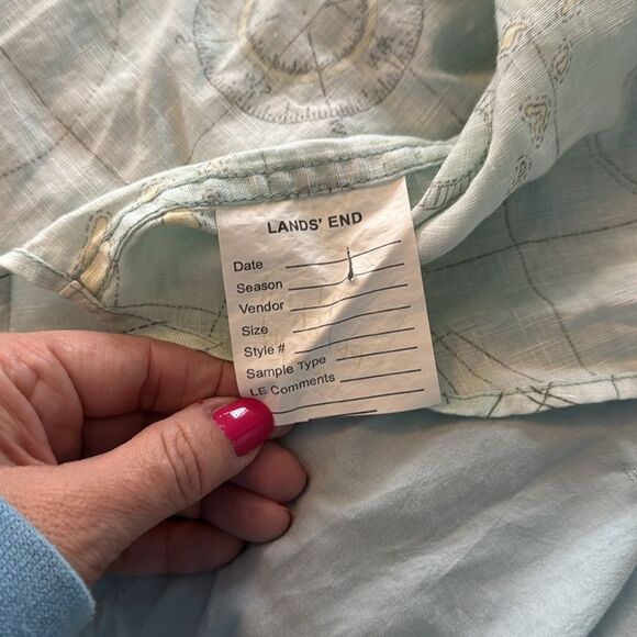 RARE Lands End *LINEN* Sample Sale Map Geography Compas Aqua Utility  Shirt - Picture 8 of 12